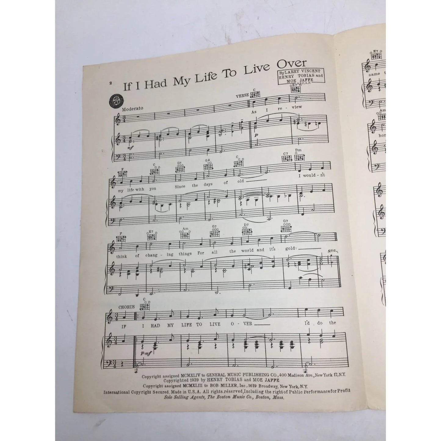 If I Had My Life to Live Over by Henry Tobias, Moe Jaffe, and Larry Vincent - A+ Stuff - SHEET MUSIC - A+ Stuff