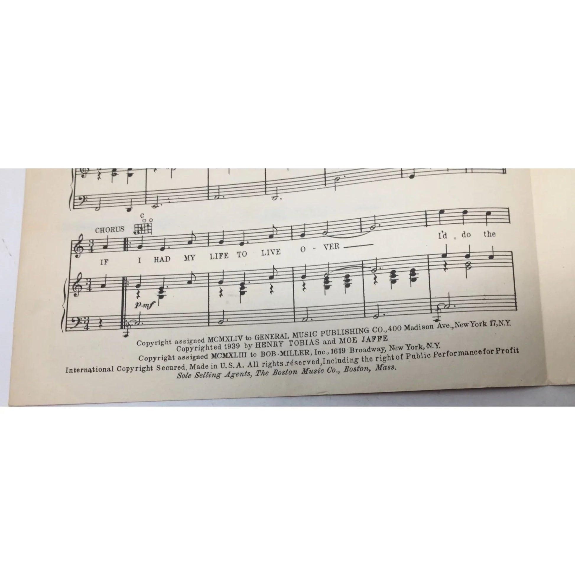 If I Had My Life to Live Over by Henry Tobias, Moe Jaffe, and Larry Vincent - A+ Stuff - SHEET MUSIC - A+ Stuff