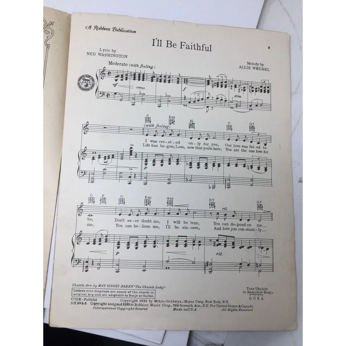 ''I'll Be Faithful'' by Ned Washington and Allie Wrubel - A+ Stuff - SHEET MUSIC - A+ Stuff