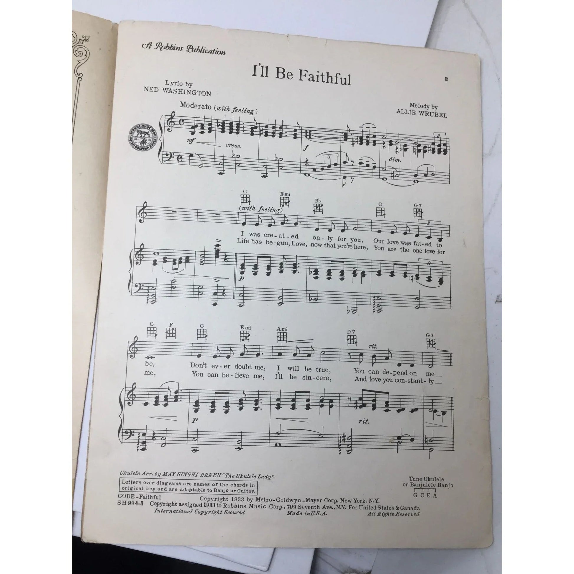 ''I'll Be Faithful'' by Ned Washington and Allie Wrubel - A+ Stuff - SHEET MUSIC - A+ Stuff