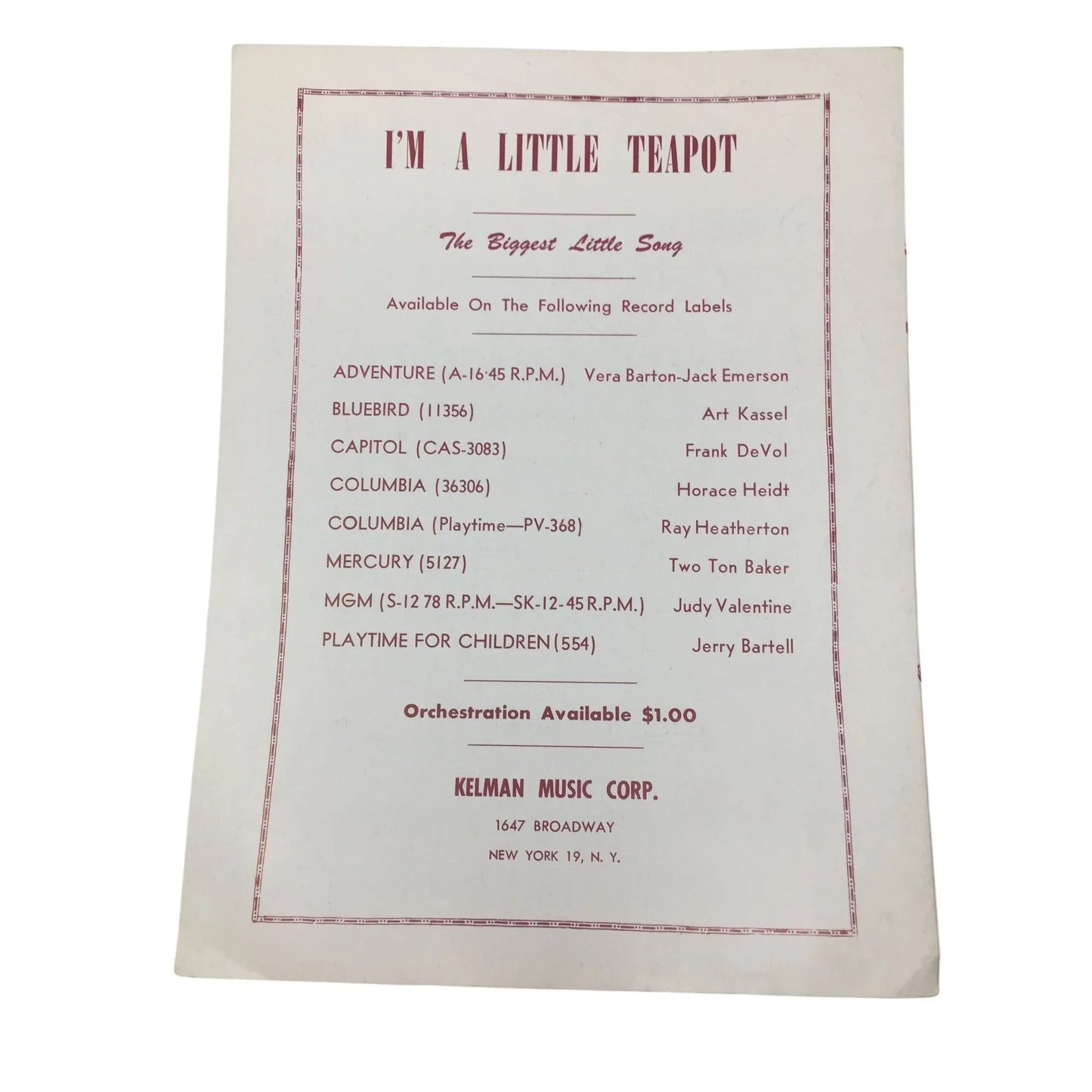''I'm A Little Teapot'' by Clarence Kelley and Geo H Sanders - A+ Stuff - SHEET MUSIC - A+ Stuff