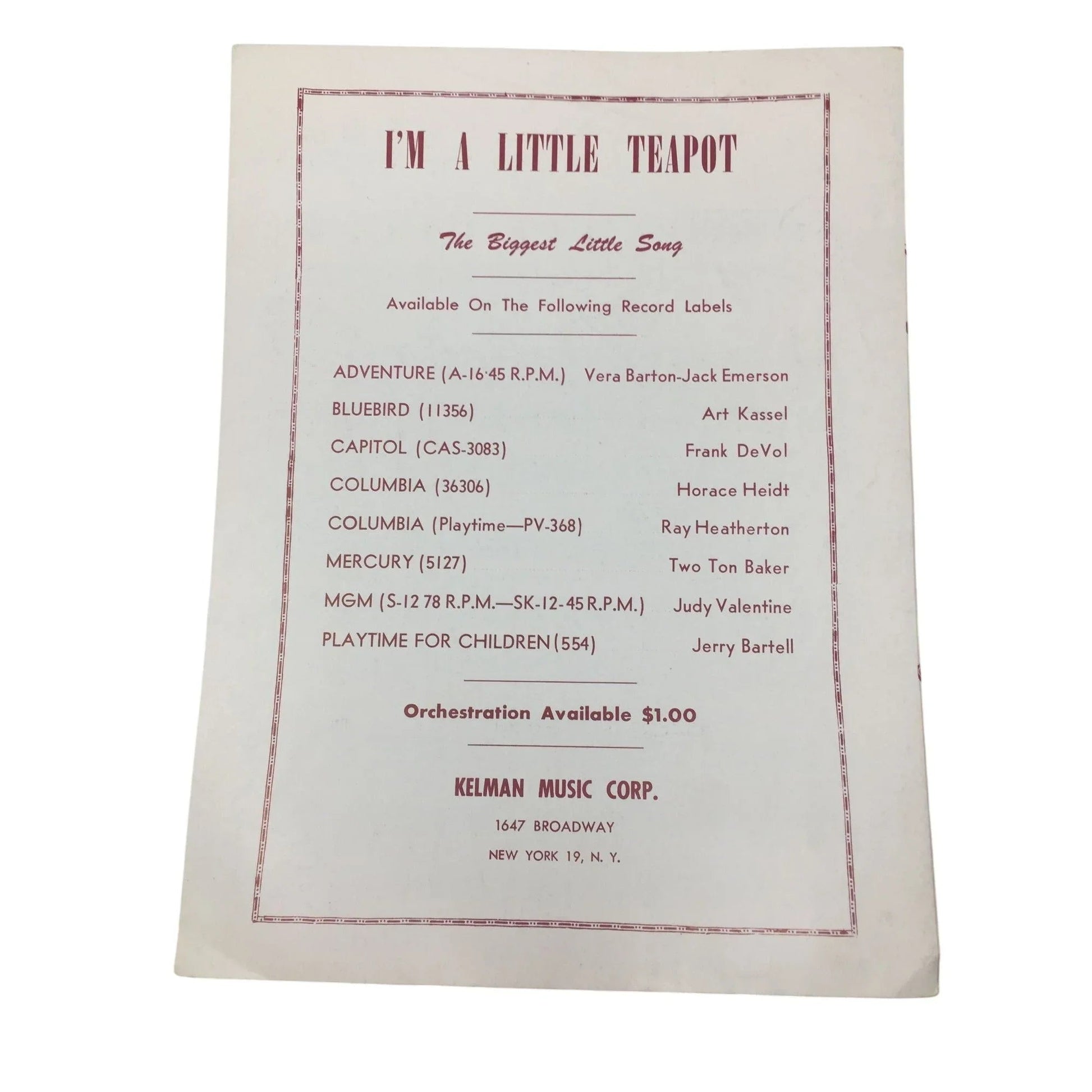''I'm A Little Teapot'' by Clarence Kelley and Geo H Sanders - A+ Stuff - SHEET MUSIC - A+ Stuff