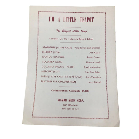 ''I'm A Little Teapot'' by Clarence Kelley and Geo H Sanders - A+ Stuff - SHEET MUSIC - A+ Stuff