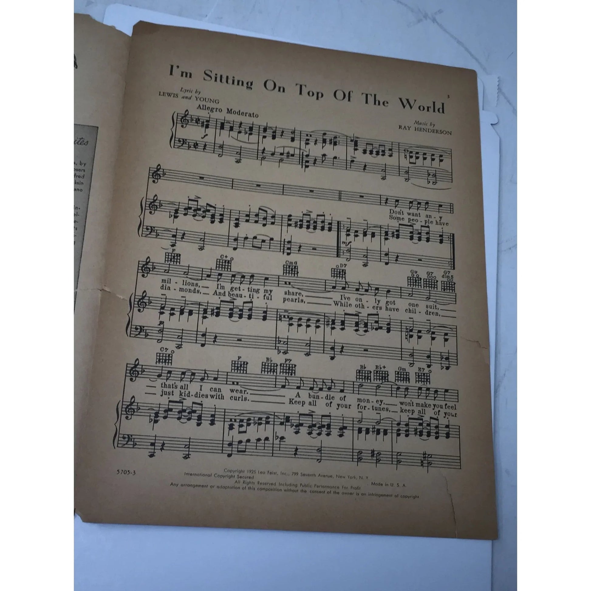 ''I'm Sitting on Top of the World'' Vintage Sheet Music - Leo Feist inc - SHEET MUSIC - A+ Stuff