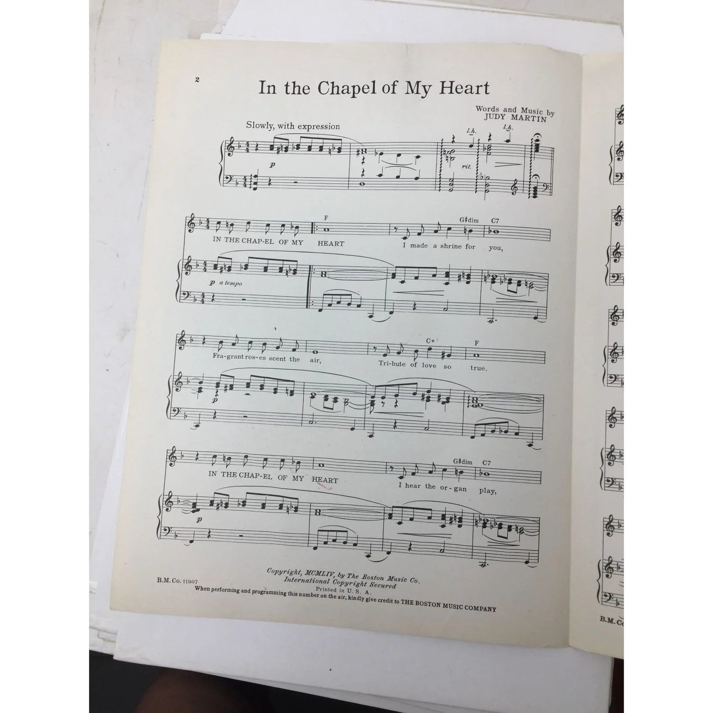 ''In The Chapel of my Heart'' Vintage 1954 sheet music - the Boston music co - sheet music - A+ Stuff