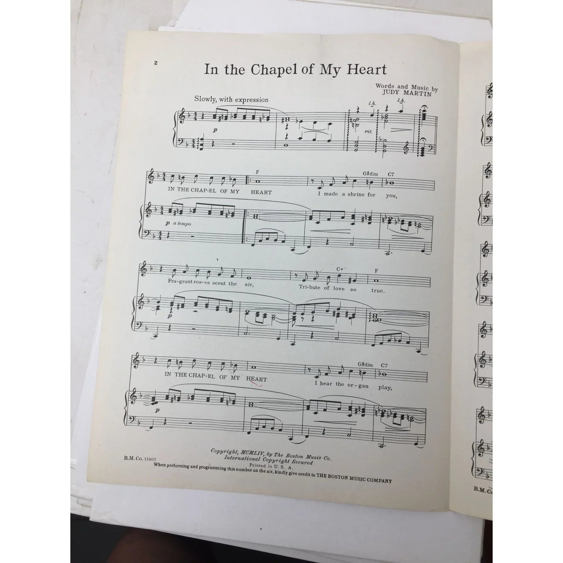 ''In The Chapel of my Heart'' Vintage 1954 sheet music - the Boston music co - sheet music - A+ Stuff