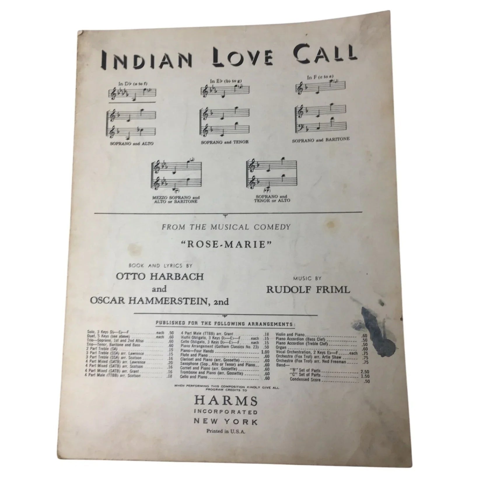 ''INDIAN LOVE CALL'' From the Musical Comedy ''Rose - Marie'' - A+ Stuff - Sheet Music - A+ Stuff