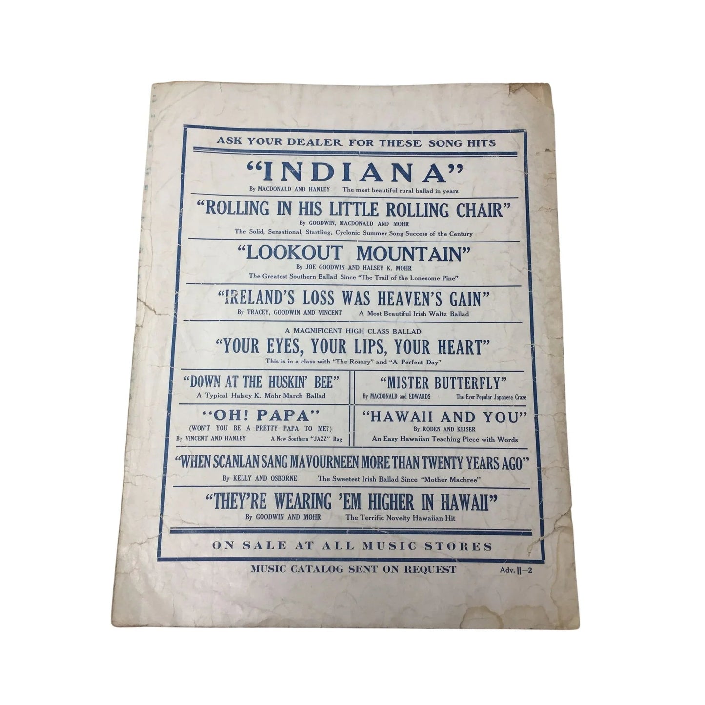 ''INDIANA'' VINTAGE SHEET MUSIC - A+ Stuff - SHEET MUSIC - A+ Stuff