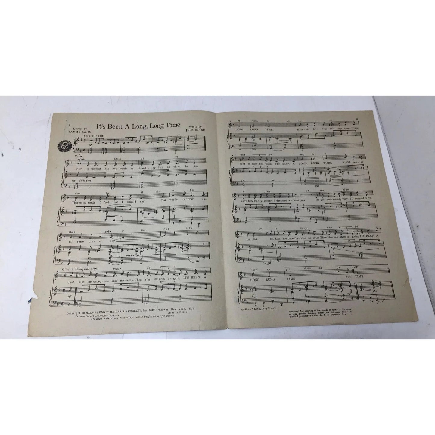 It's Been a Long, Long Time Vintage 1945 Piano Sheet Music by Sammy Cahn/Jule Styne - Edwin H Morris and company inc. - sheet music - A+ Stuff