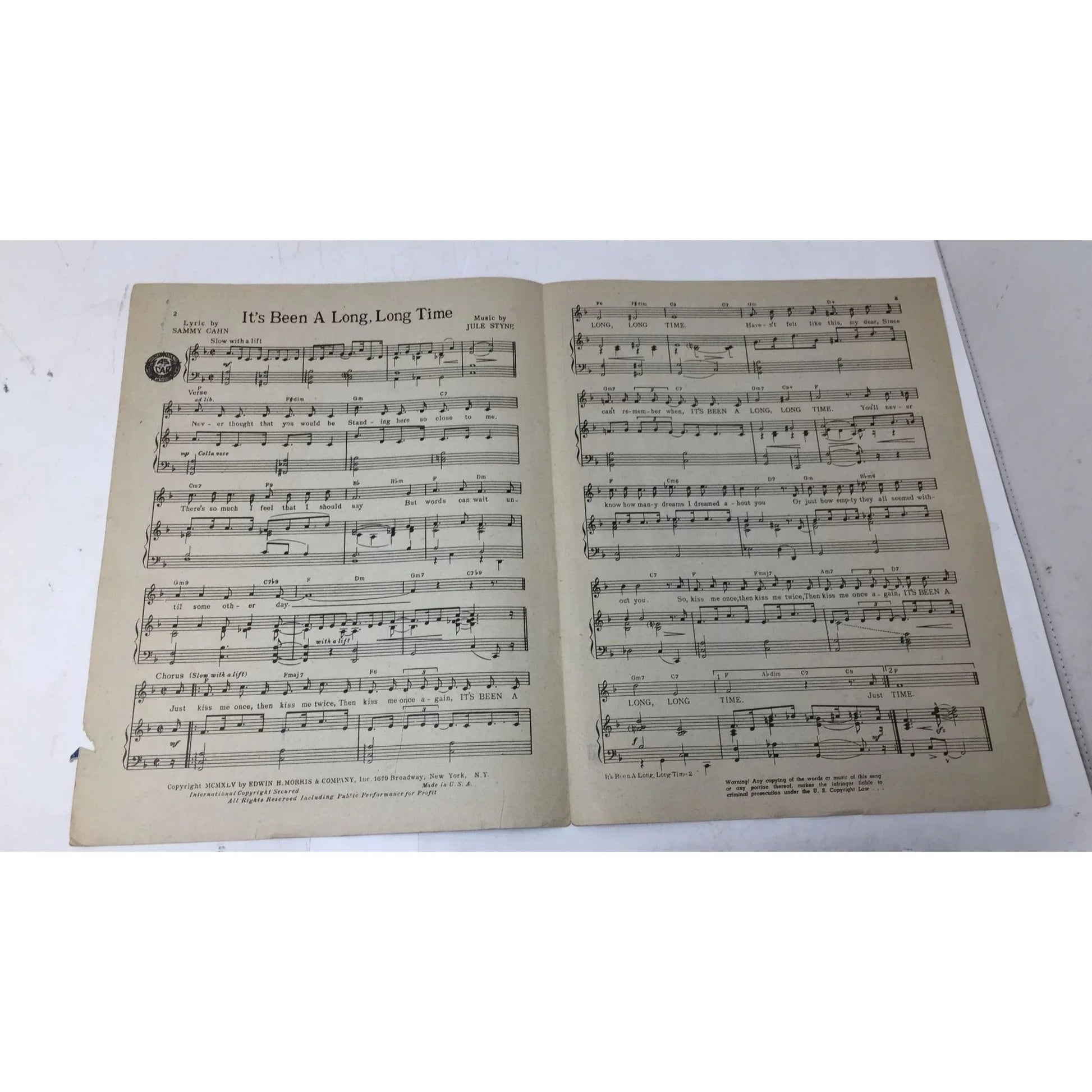 It's Been a Long, Long Time Vintage 1945 Piano Sheet Music by Sammy Cahn/Jule Styne - Edwin H Morris and company inc. - sheet music - A+ Stuff