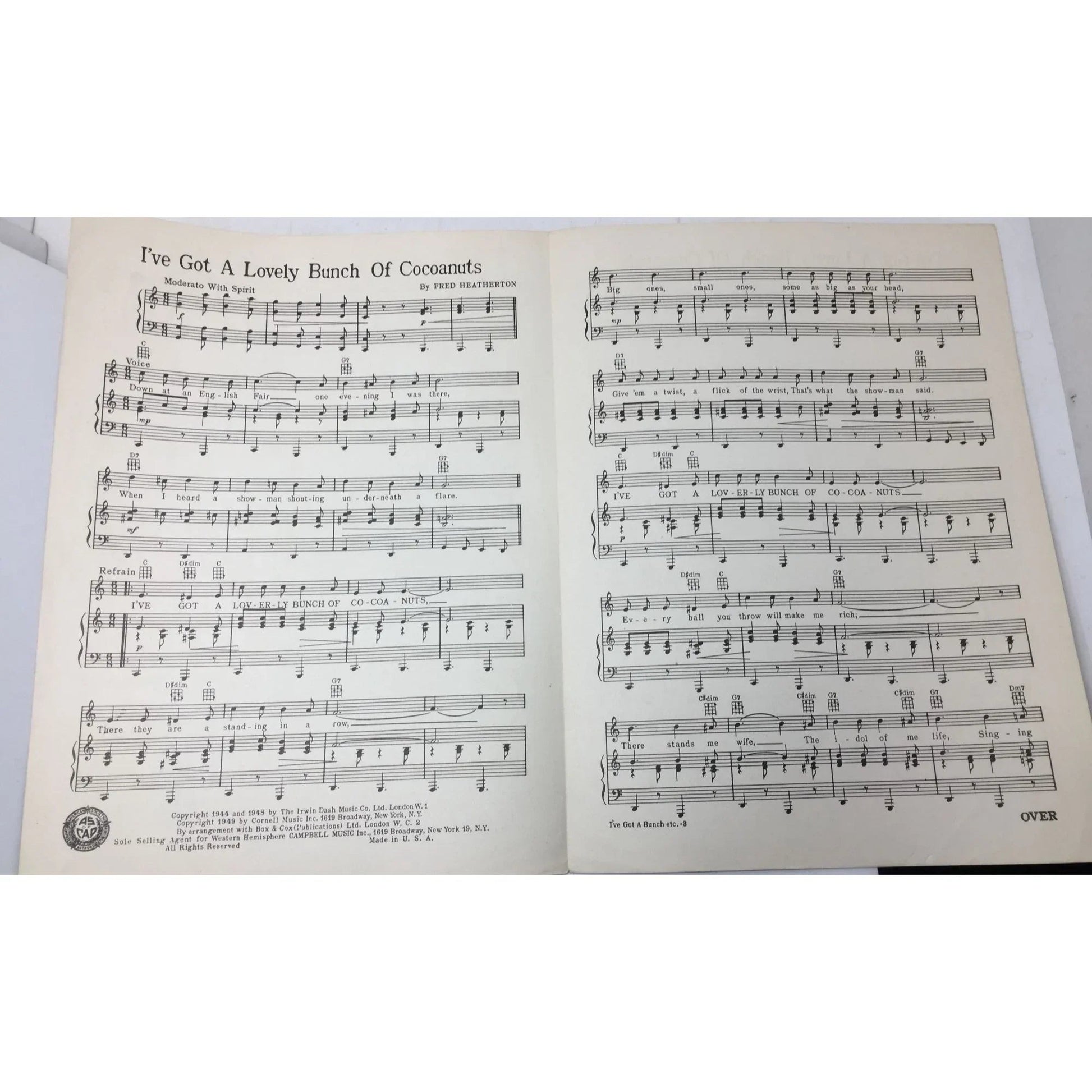 ''I've Got A Lovely Bunch Of Cocoanuts'' Vintage Sheet Music Book - A+ Stuff - SHEET MUSIC - A+ Stuff
