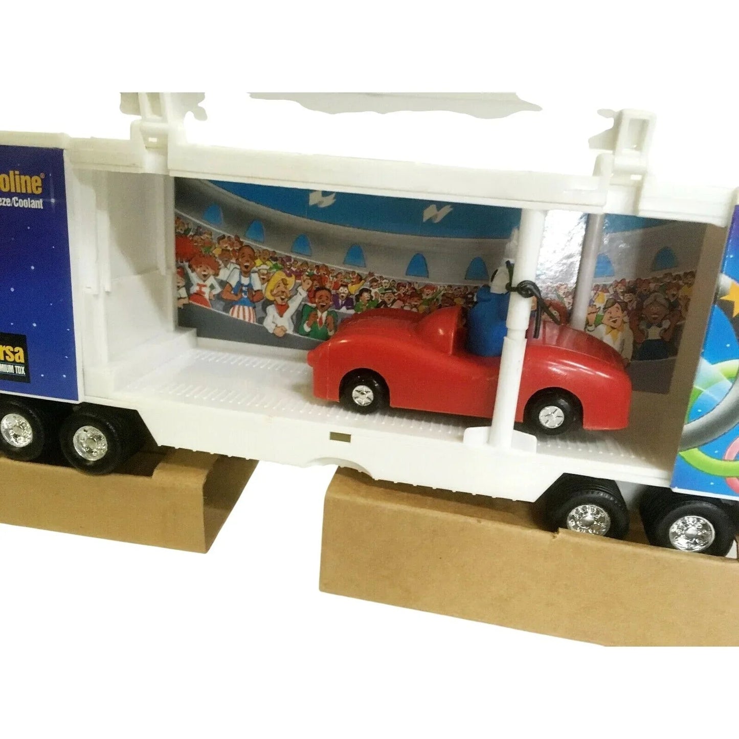 IZZY'S Olympic Games 1996 TEXACO Toy Car Carrier w Race car Included - 17" Long - Texaco - A+ Stuff