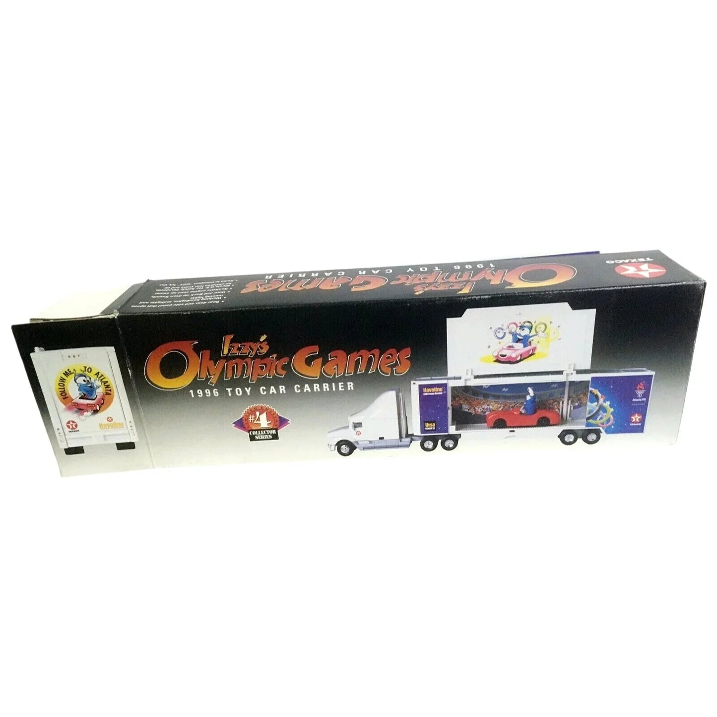 IZZY'S Olympic Games 1996 TEXACO Toy Car Carrier w Race car Included - 17" Long - Texaco - A+ Stuff
