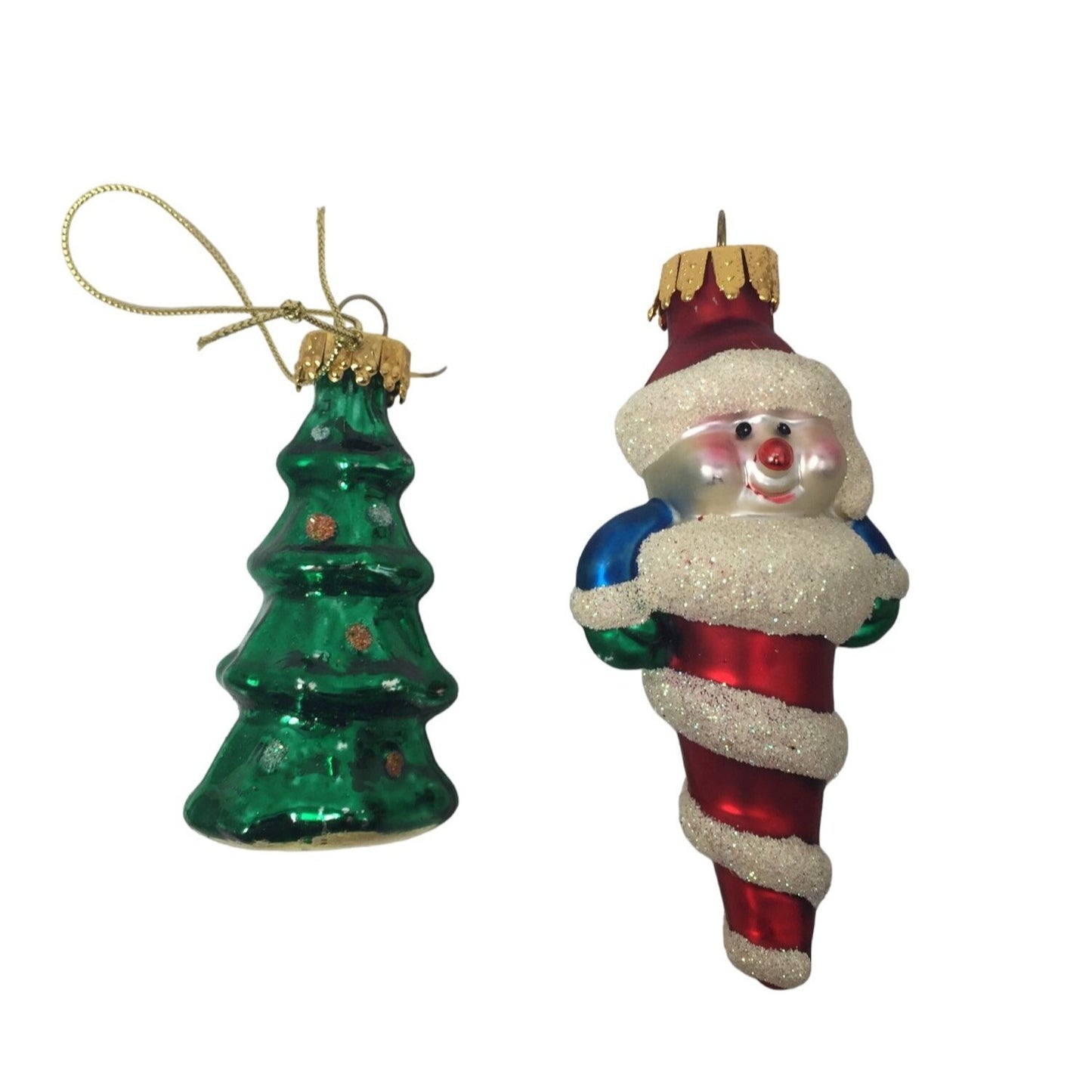 Two Vintage Christmas Tree Ornaments- Snowman and Green Christmas Tree