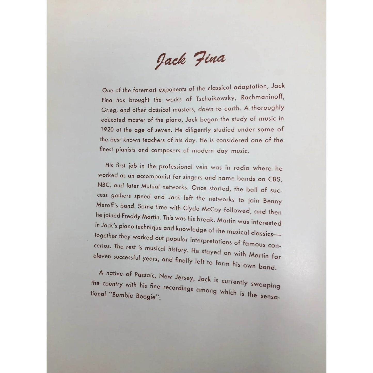 JACK FINA'S Ten Talented Fingers Album of popular music - A+ Stuff - SHEET MUSIC - A+ Stuff