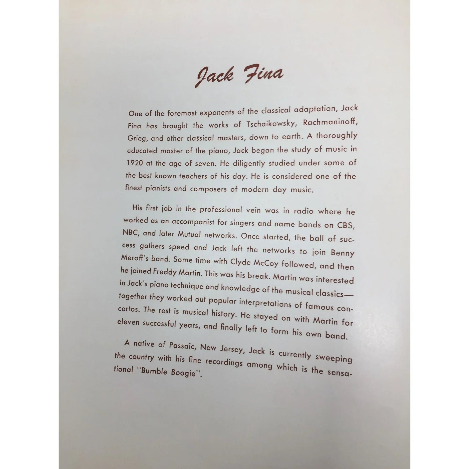 JACK FINA'S Ten Talented Fingers Album of popular music - A+ Stuff - SHEET MUSIC - A+ Stuff