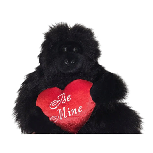 Plush black gorilla holding a red heart with Be Mine text, cute Valentine's Day stuffed animal gift