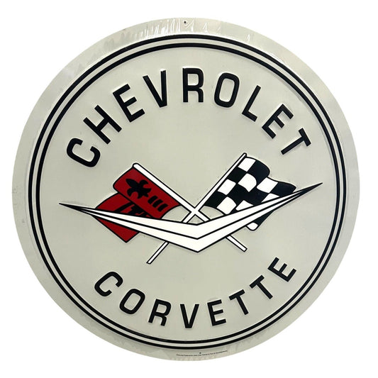 Chevrolet Corvette Round Metal Sign - C1 Crossed Flags Garage Decor - Vintage Style CHEVROLET  A+ Stuff wall decor