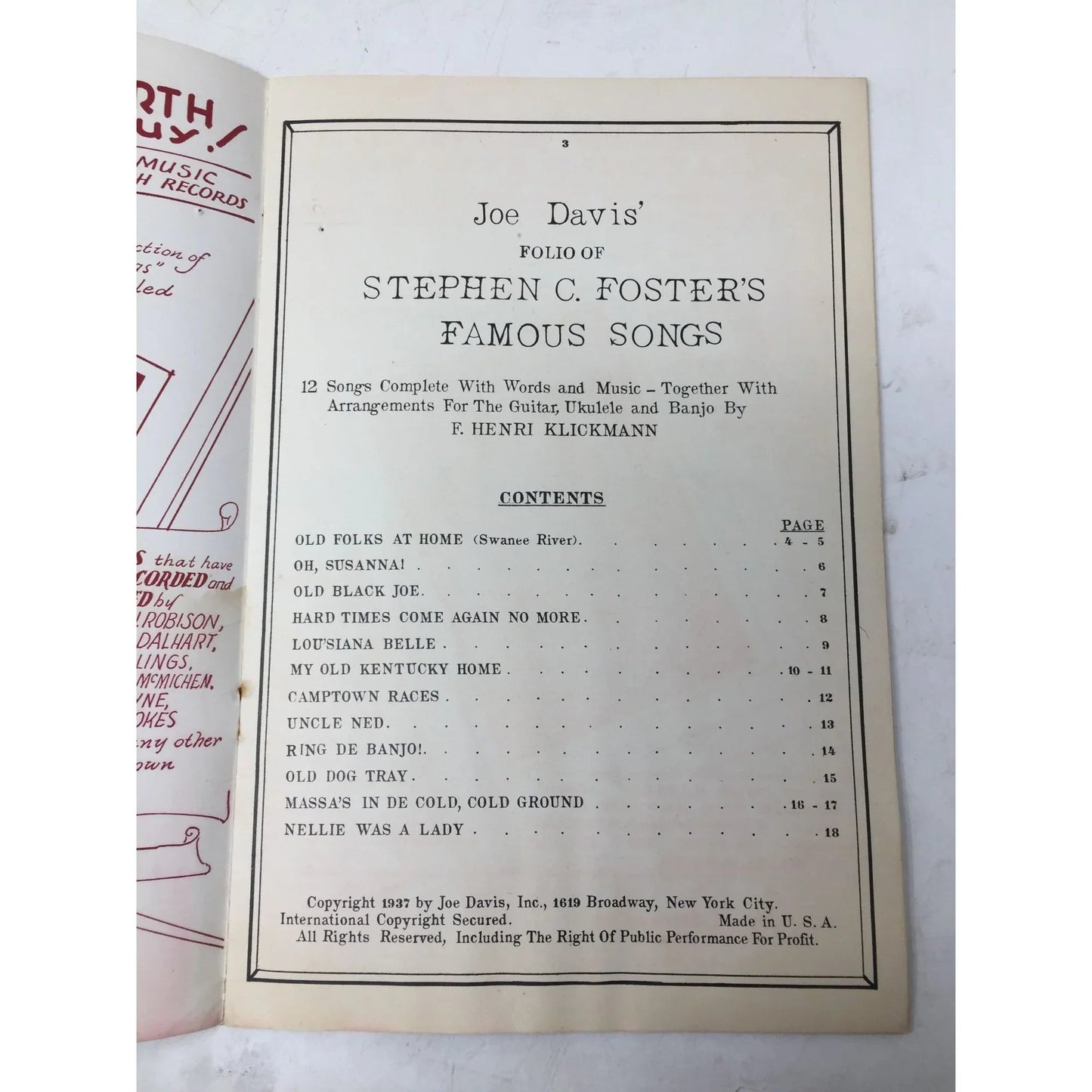 Joe Davis' Folio of Stephen C Foster's Famous Songs - A+ Stuff - SHEET MUSIC - A+ Stuff