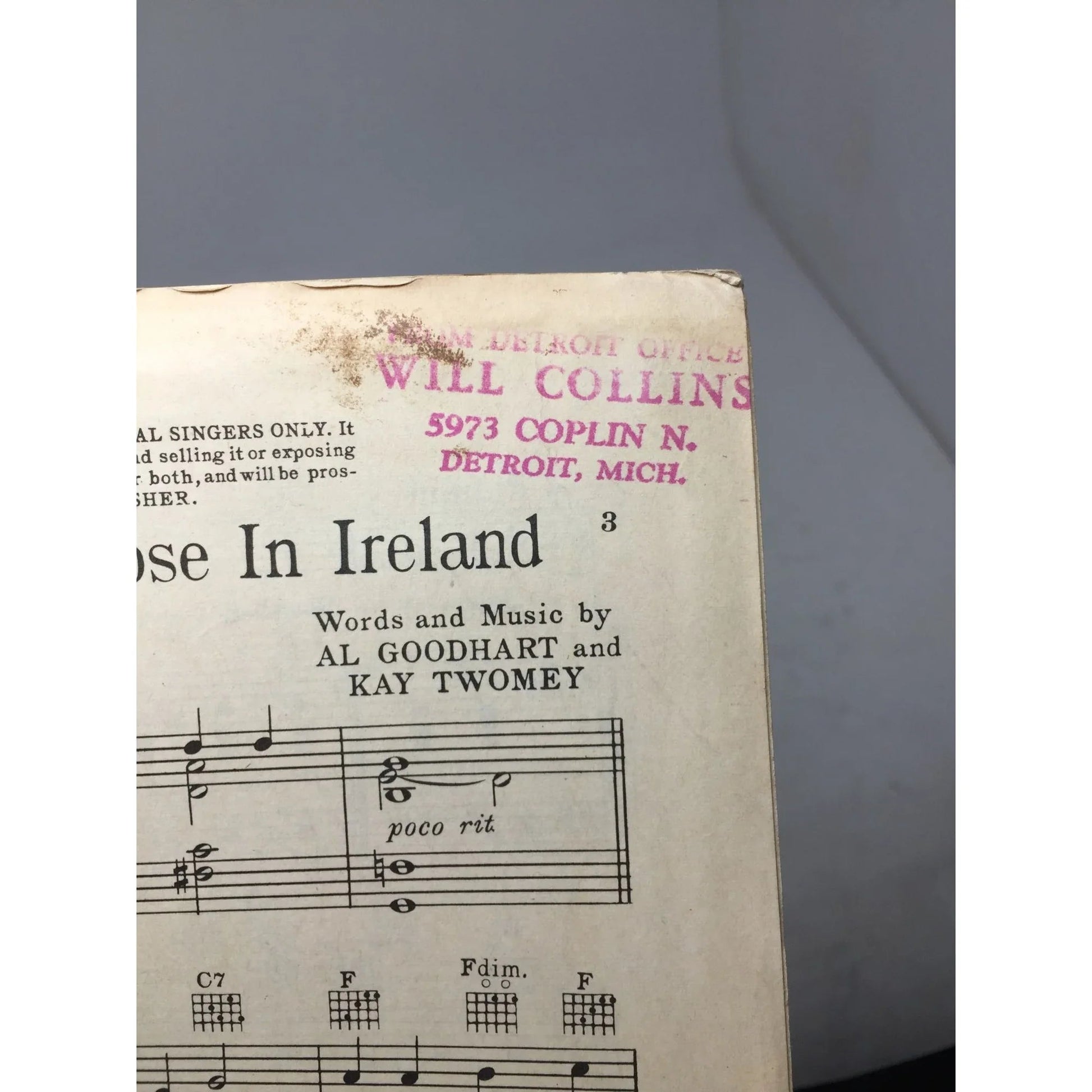 ''Johnny Doughboy Found A Rose in Ireland'' Vintage sheet music - A+ Stuff - sheet music - A+ Stuff