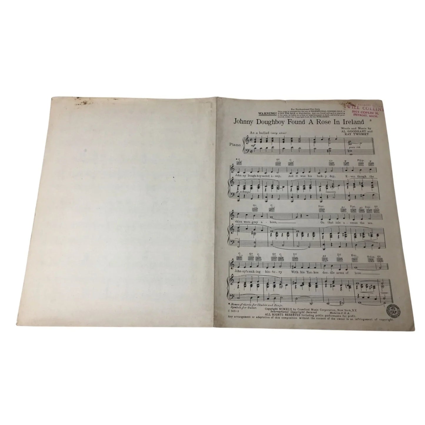 ''Johnny Doughboy Found A Rose in Ireland'' Vintage sheet music - A+ Stuff - sheet music - A+ Stuff