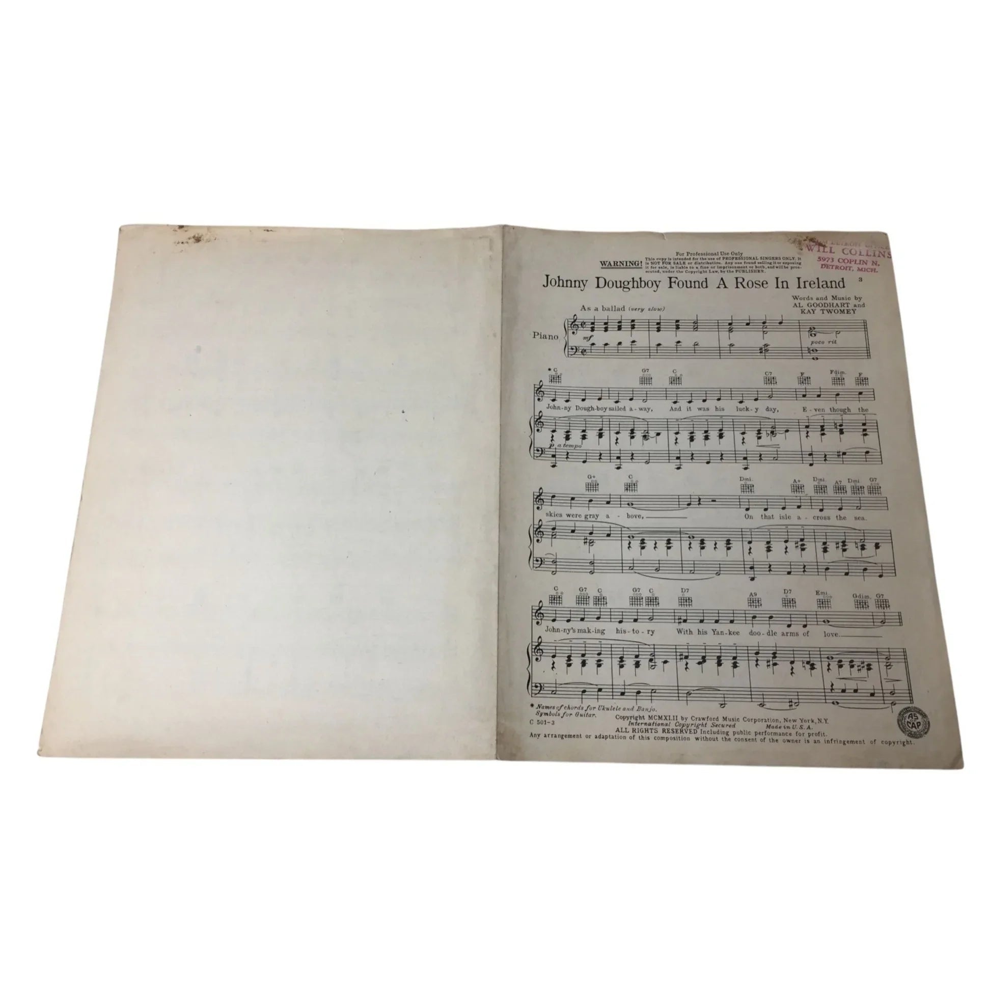 ''Johnny Doughboy Found A Rose in Ireland'' Vintage sheet music - A+ Stuff - sheet music - A+ Stuff