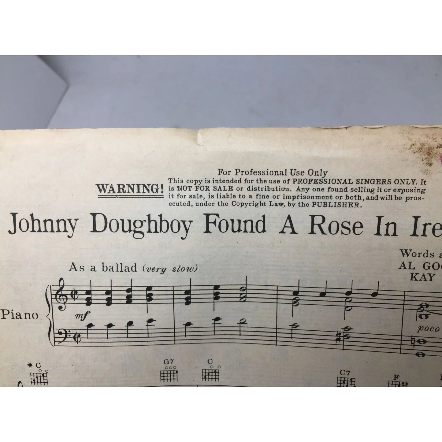 ''Johnny Doughboy Found A Rose in Ireland'' Vintage sheet music - A+ Stuff - sheet music - A+ Stuff