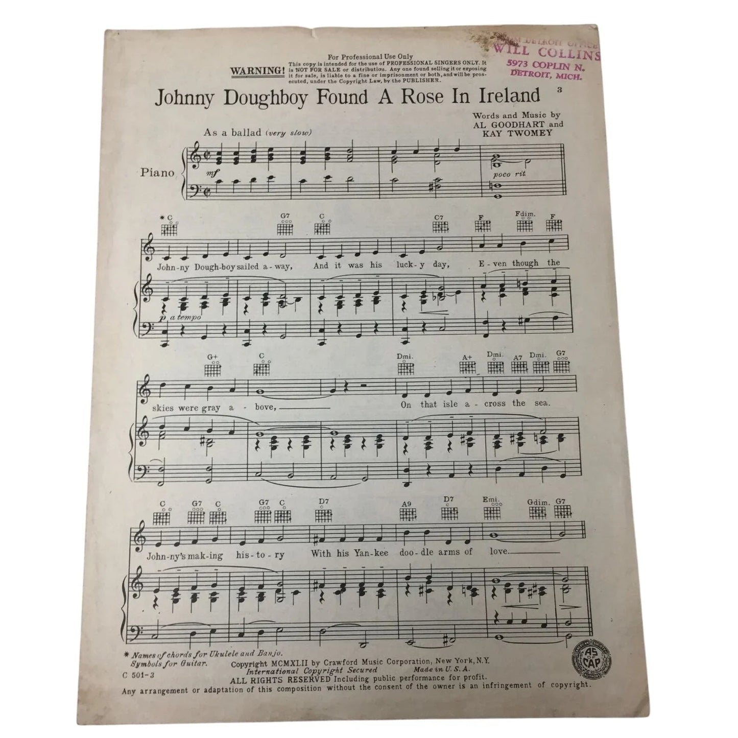 ''Johnny Doughboy Found A Rose in Ireland'' Vintage sheet music - A+ Stuff - sheet music - A+ Stuff