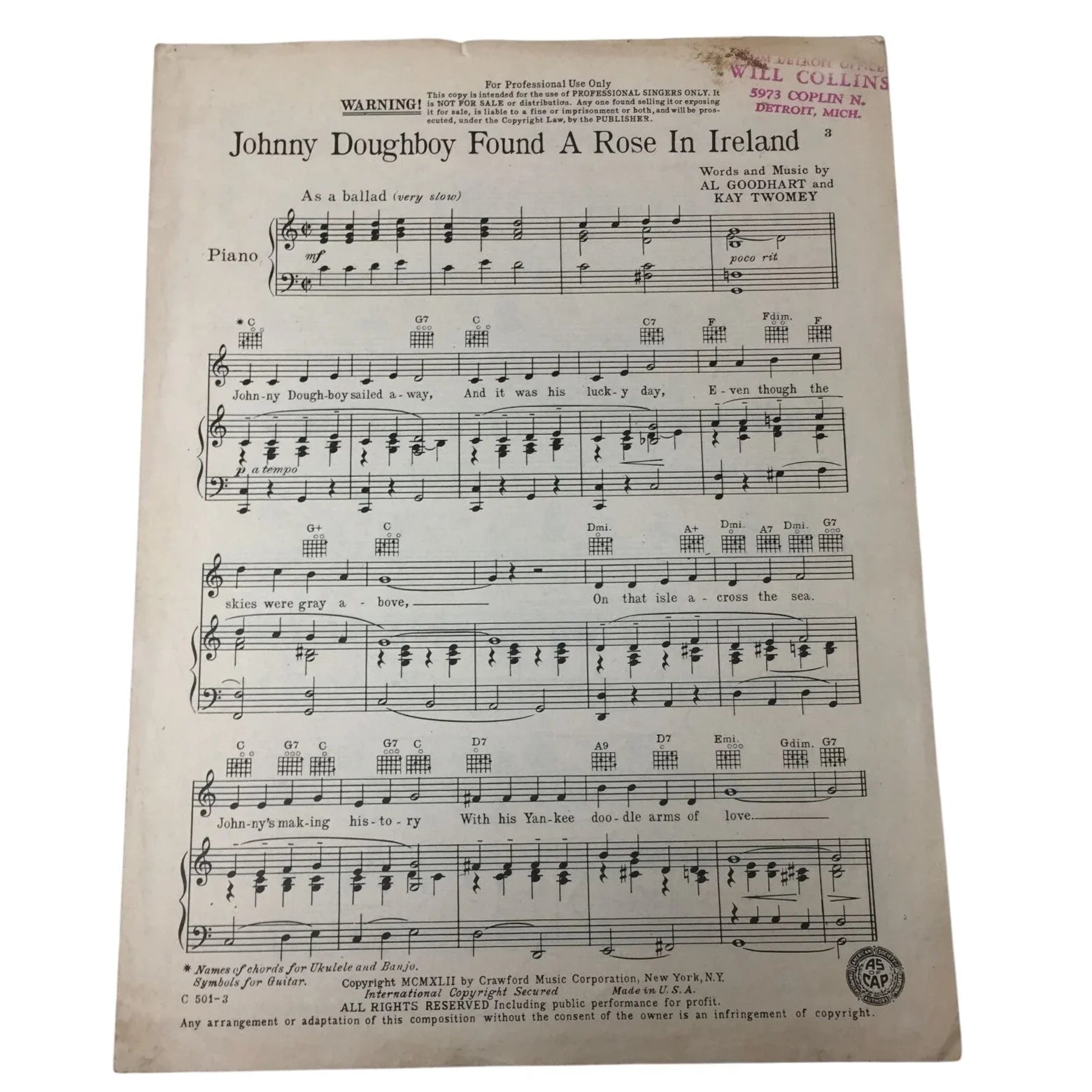 ''Johnny Doughboy Found A Rose in Ireland'' Vintage sheet music - A+ Stuff - sheet music - A+ Stuff