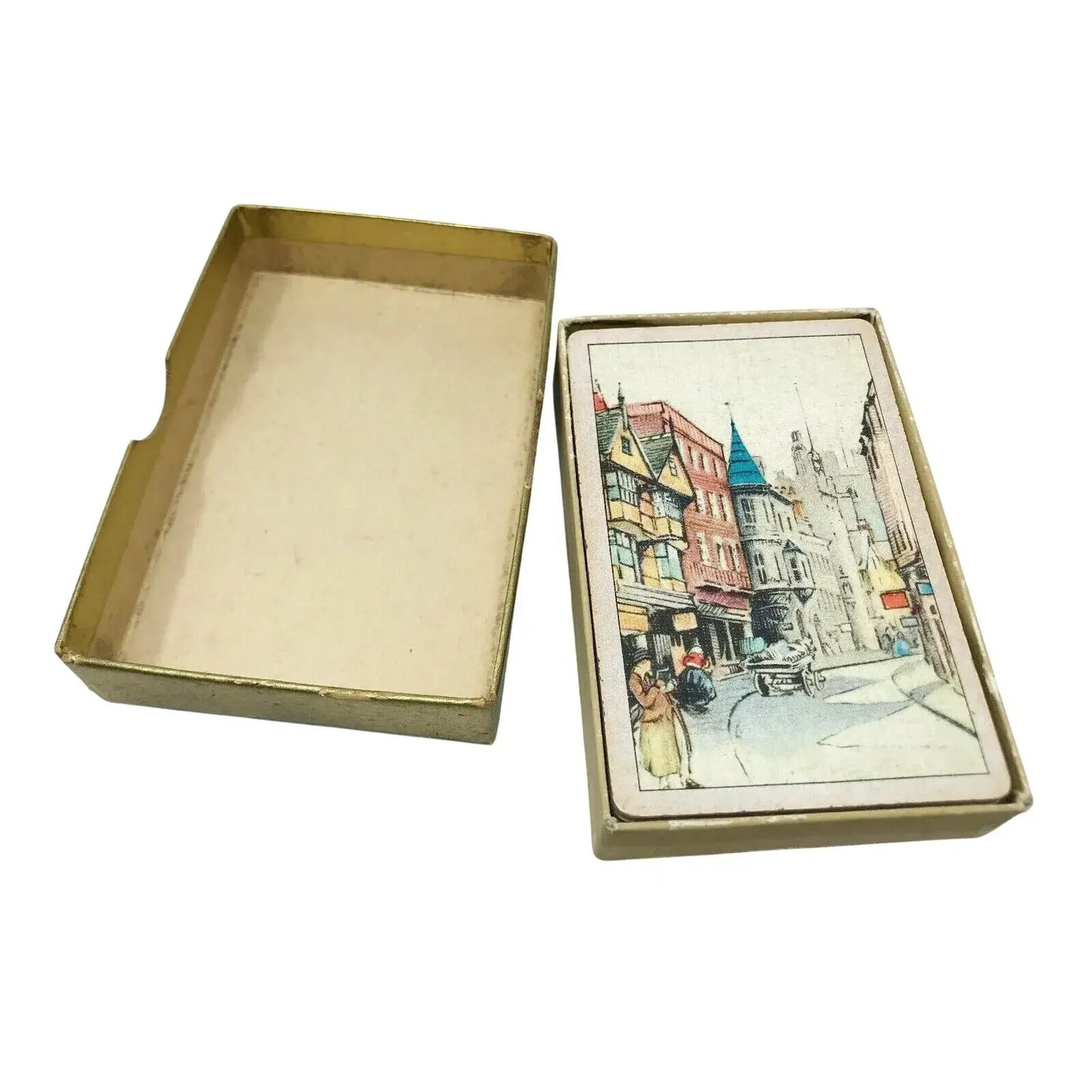 Street Scene Pickwick Boxed Antique (1932) PLAYING CARDS w Bridge Scoring Table PICKWICK