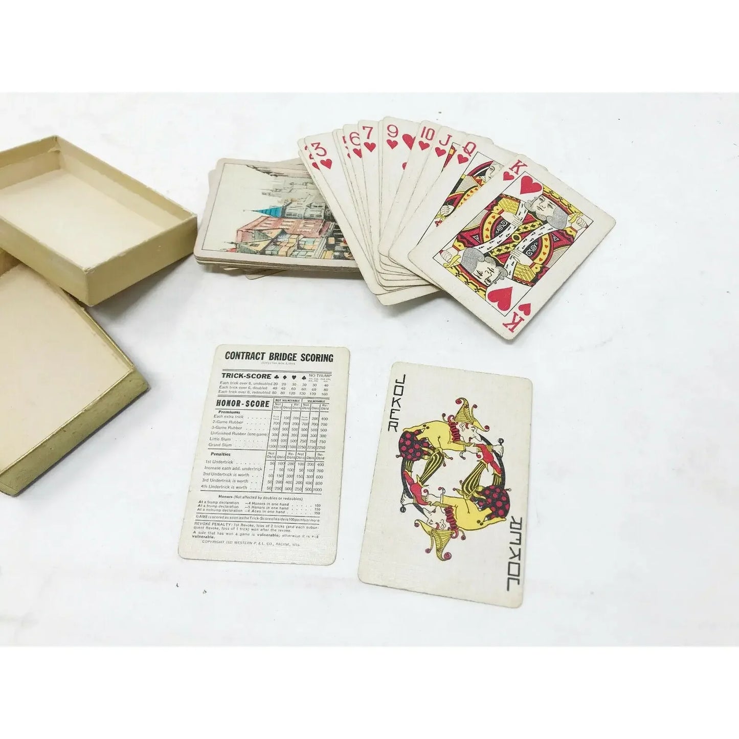 Street Scene Pickwick Boxed Antique (1932) PLAYING CARDS w Bridge Scoring Table PICKWICK