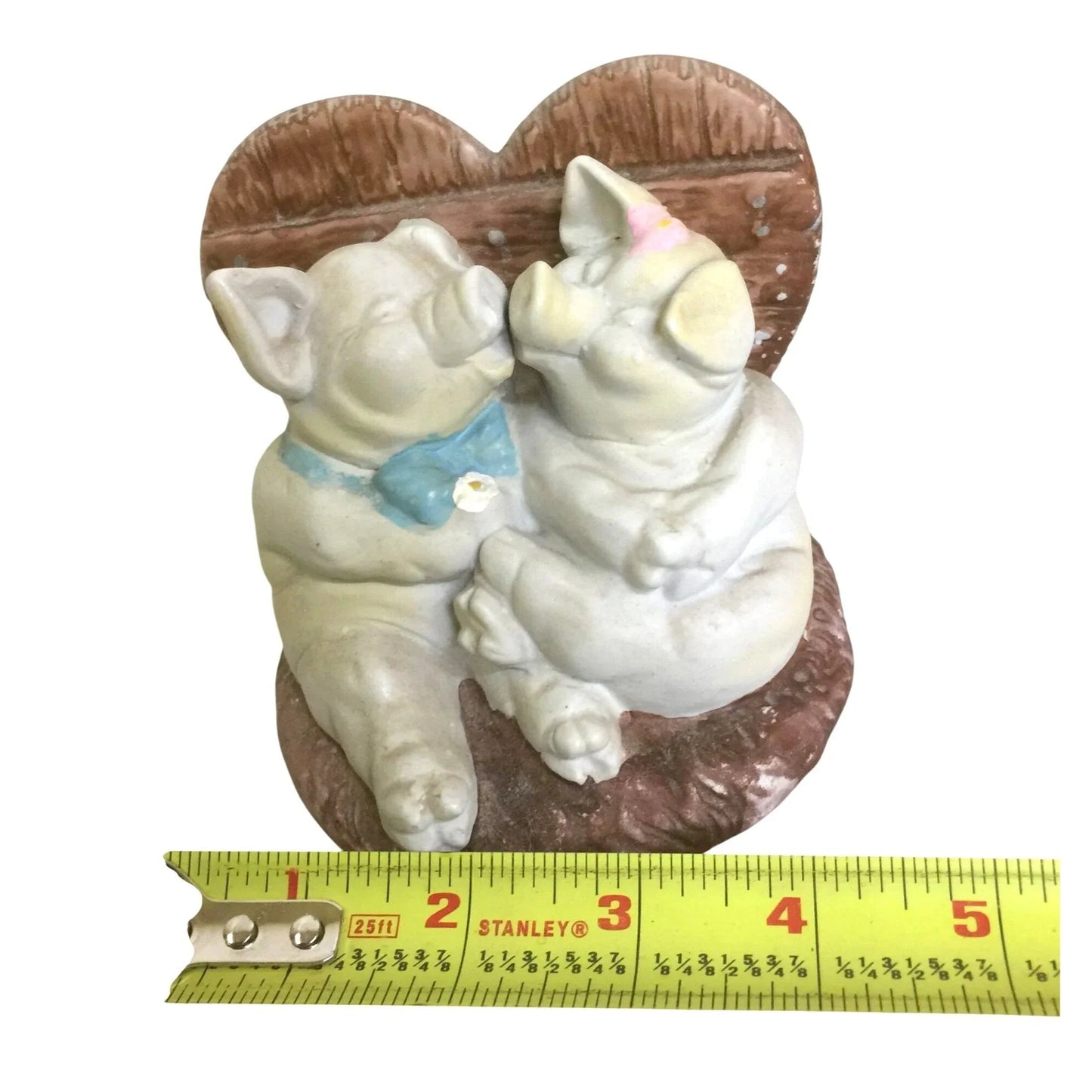Kissing Pigs Figurine - Sitting on Heart w blue bow and pink bow - A+ Stuff - Knick Knack / Figurine - A+ Stuff