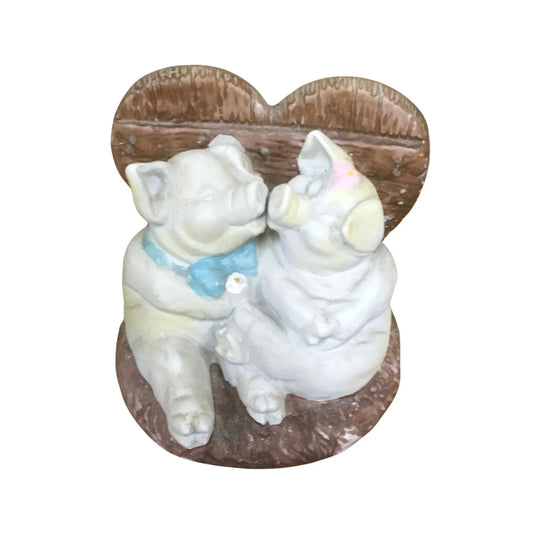 Kissing Pigs Figurine - Sitting on Heart w blue bow and pink bow - A+ Stuff - Knick Knack / Figurine - A+ Stuff