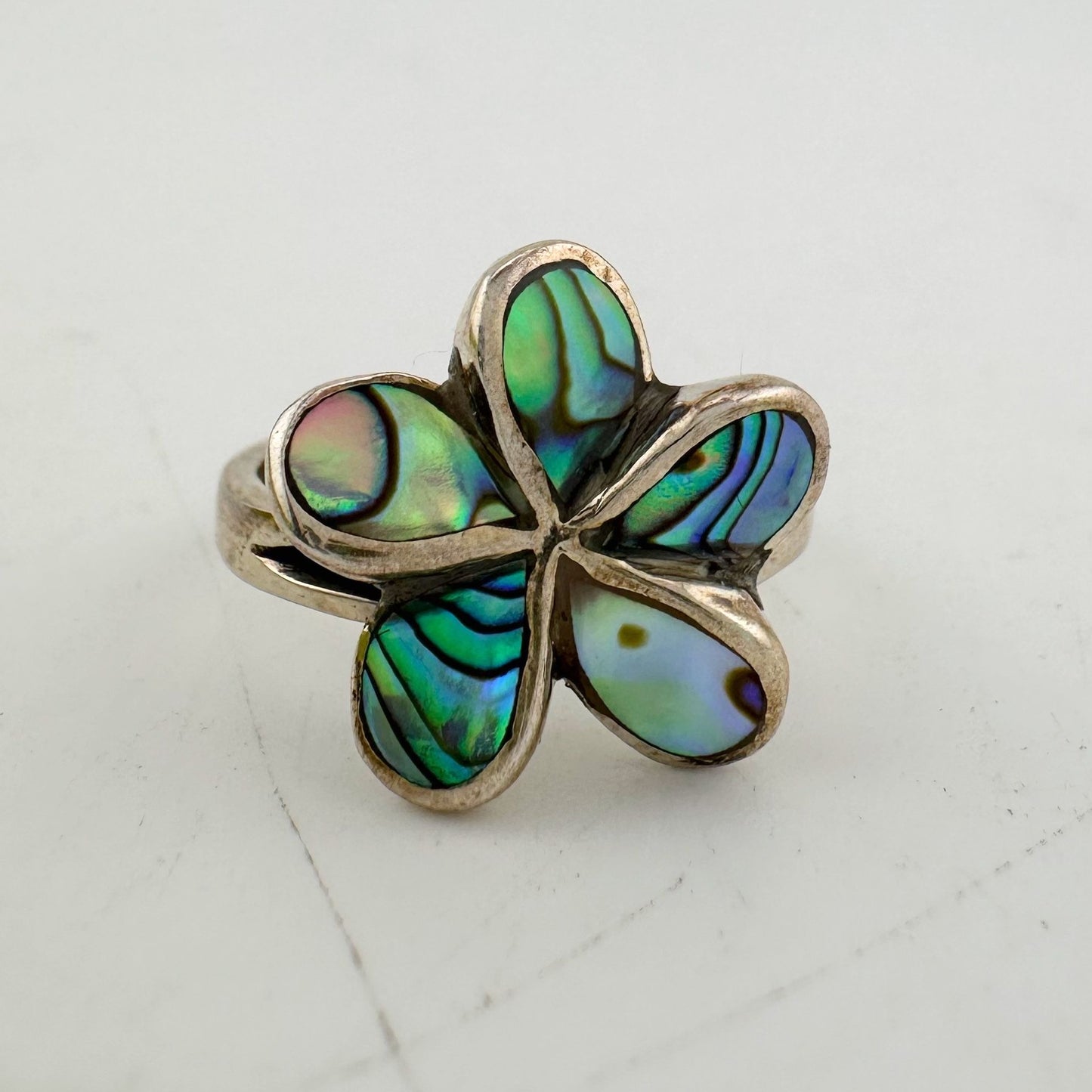 Natural Abalone Flower Ring in Sterling Silver Size 9.75