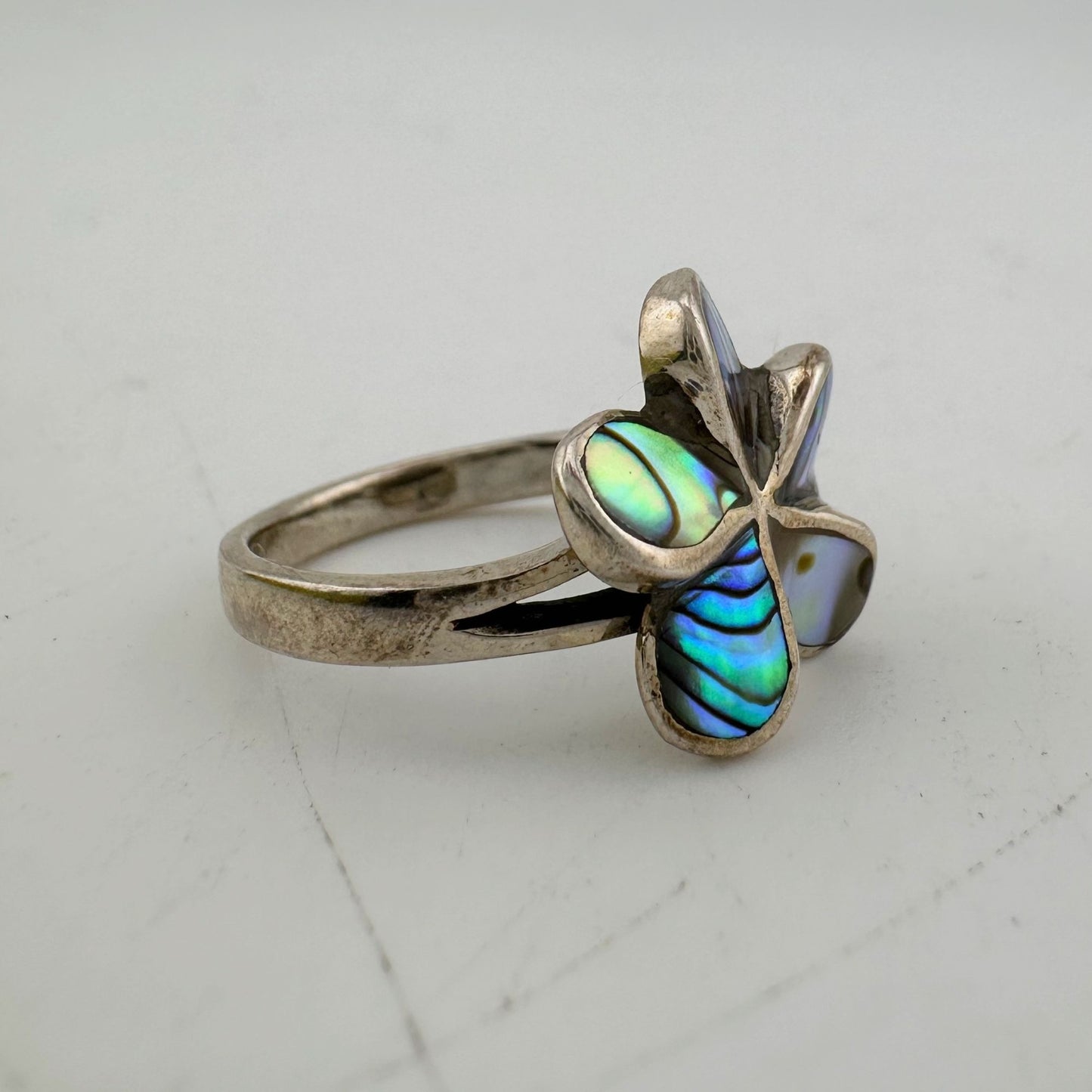 Natural Abalone Flower Ring in Sterling Silver Size 9.75