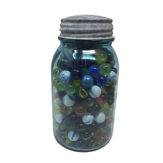 Vintage Antique ''Perfect Mason'' Jar Of Old Colorful Marbles