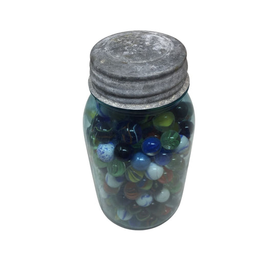 Vintage Antique ''Perfect Mason'' Jar Of Old Colorful Marbles