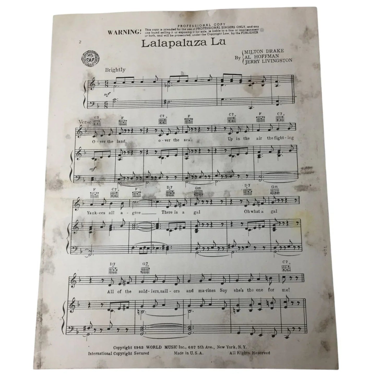 LALAPALUZA LU Vintage 1942 Sheet Music book - World music inc - sheet music - A+ Stuff