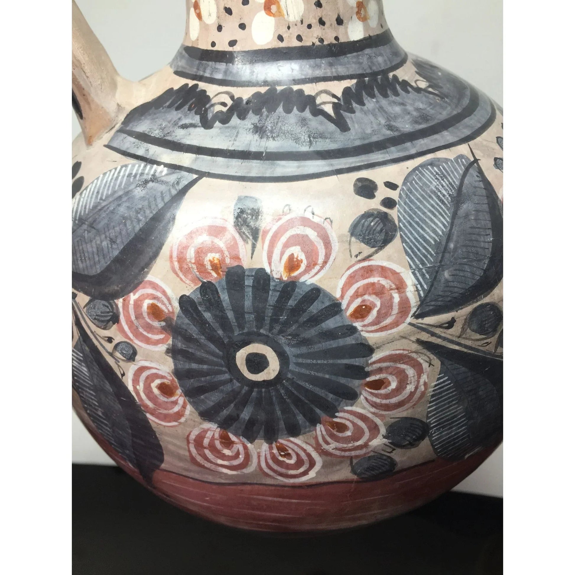 Large Hand Painted Vintage Mexican Folk Art Pottery Pitcher/Vase with Handle - A+ Stuff