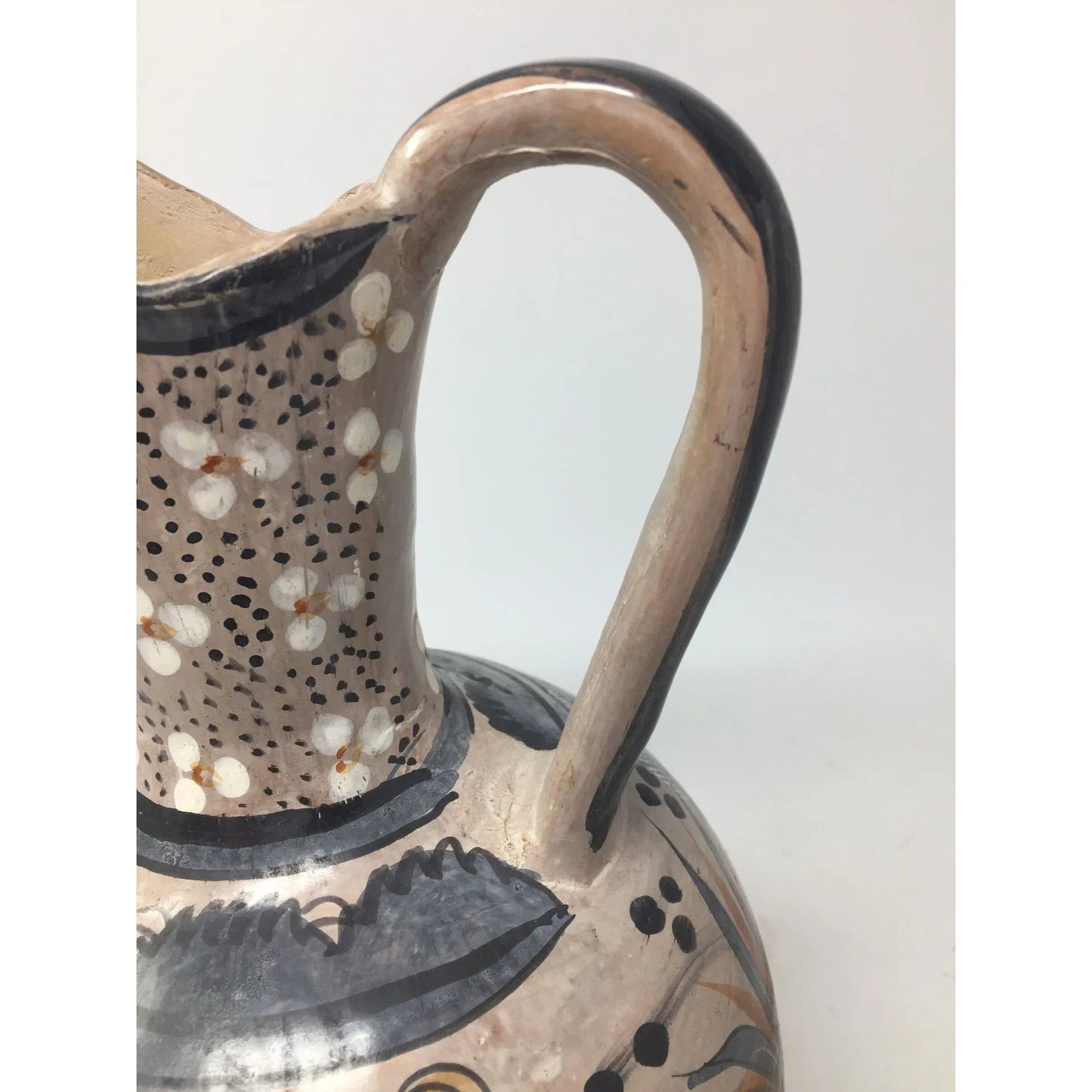 Large Hand Painted Vintage Mexican Folk Art Pottery Pitcher/Vase with Handle - A+ Stuff