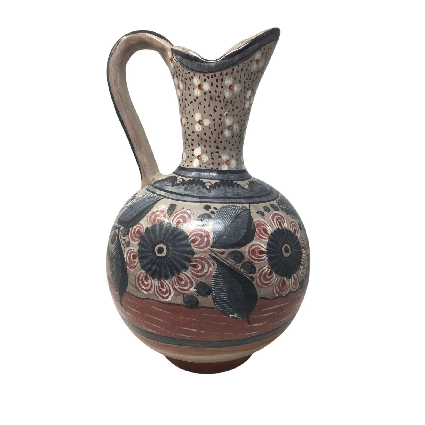 Large Hand Painted Vintage Mexican Folk Art Pottery Pitcher/Vase with Handle - A+ Stuff