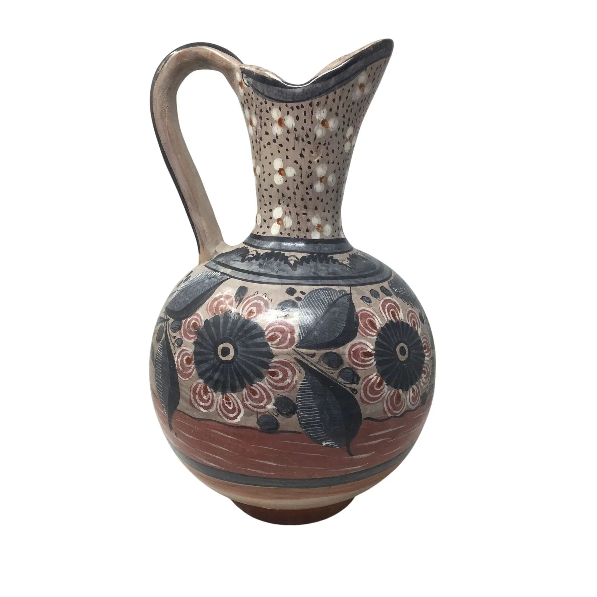 Large Hand Painted Vintage Mexican Folk Art Pottery Pitcher/Vase with Handle - A+ Stuff