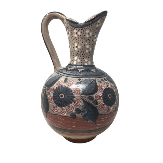 Large Hand Painted Vintage Mexican Folk Art Pottery Pitcher/Vase with Handle - A+ Stuff