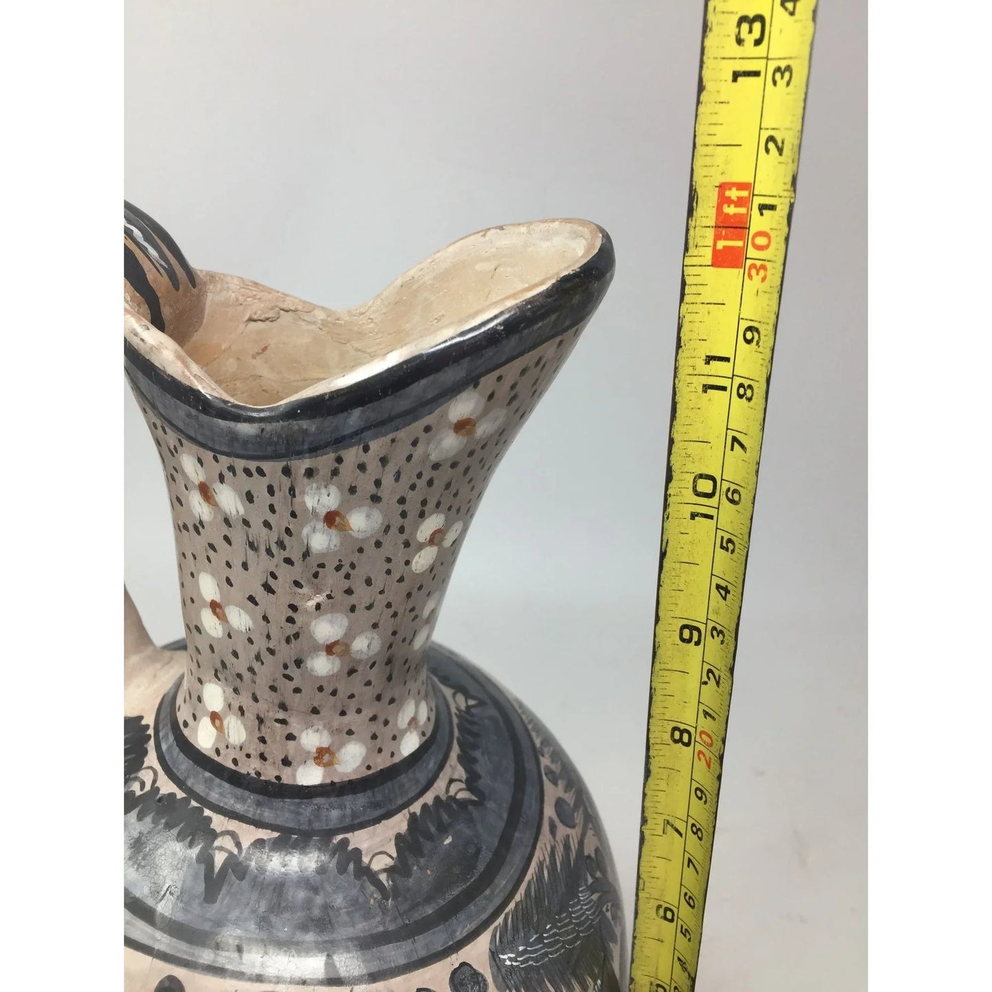 Large Hand Painted Vintage Mexican Folk Art Pottery Pitcher/Vase with Handle - A+ Stuff