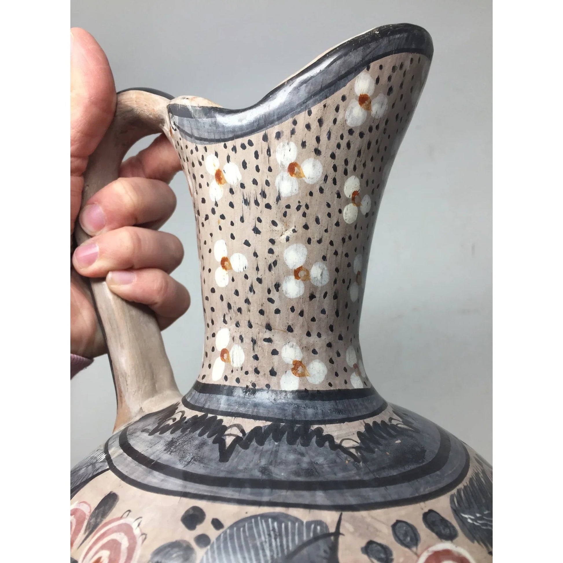 Large Hand Painted Vintage Mexican Folk Art Pottery Pitcher/Vase with Handle - A+ Stuff