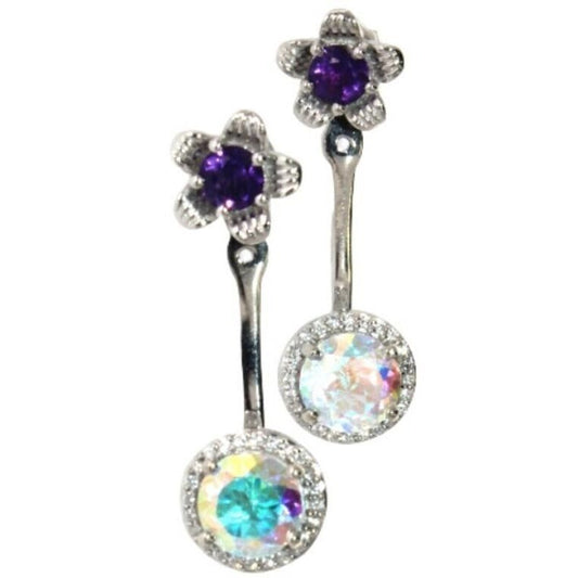 Amethyst Flower Stud Earrings with Beautiul (Removable) Rainbow Topaz Dangles