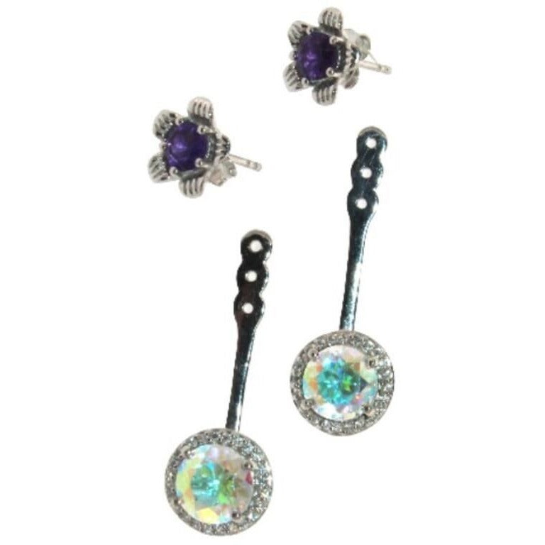 Amethyst Flower Stud Earrings with Beautiul (Removable) Rainbow Topaz Dangles