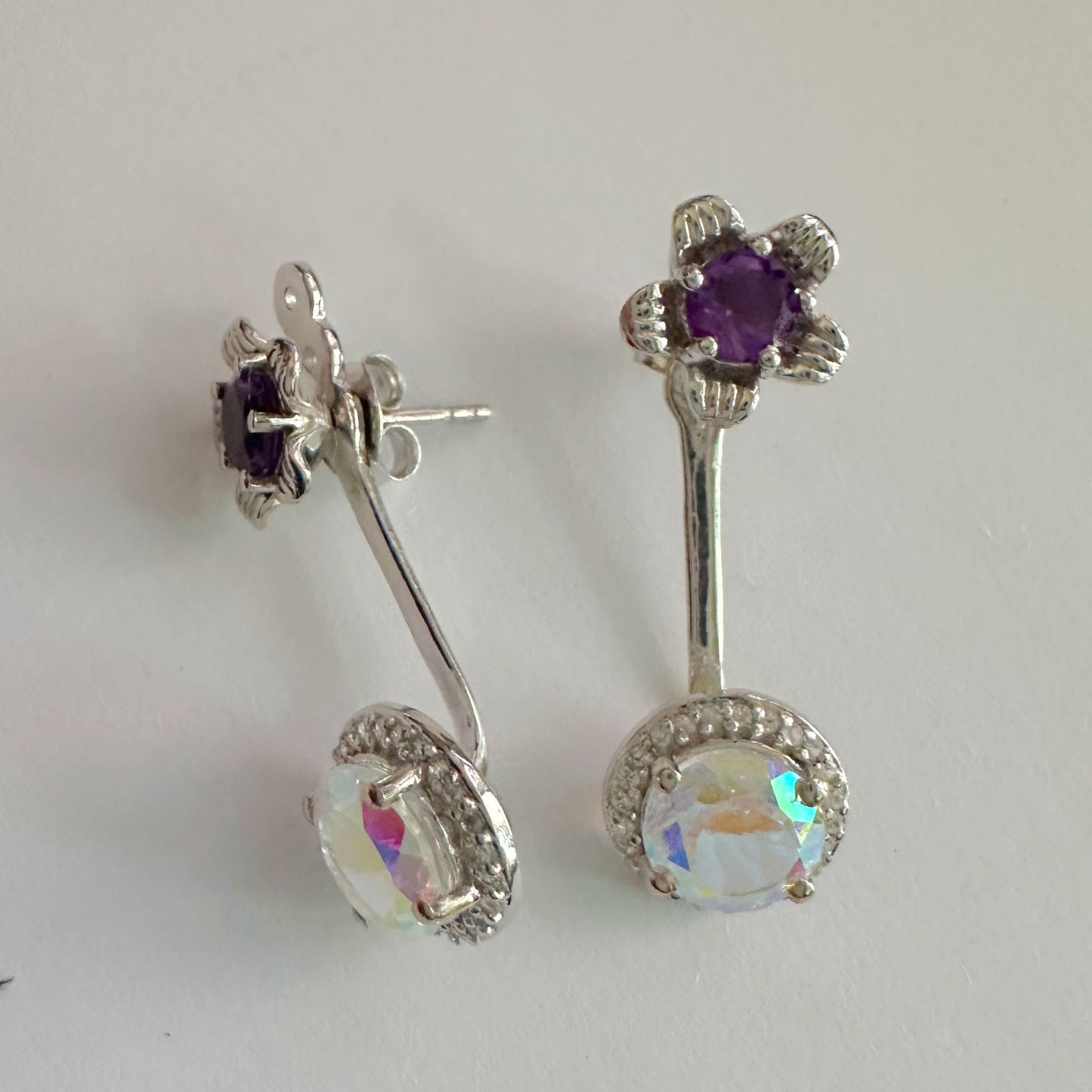 Amethyst Flower Stud Earrings with Beautiul (Removable) Rainbow Topaz Dangles