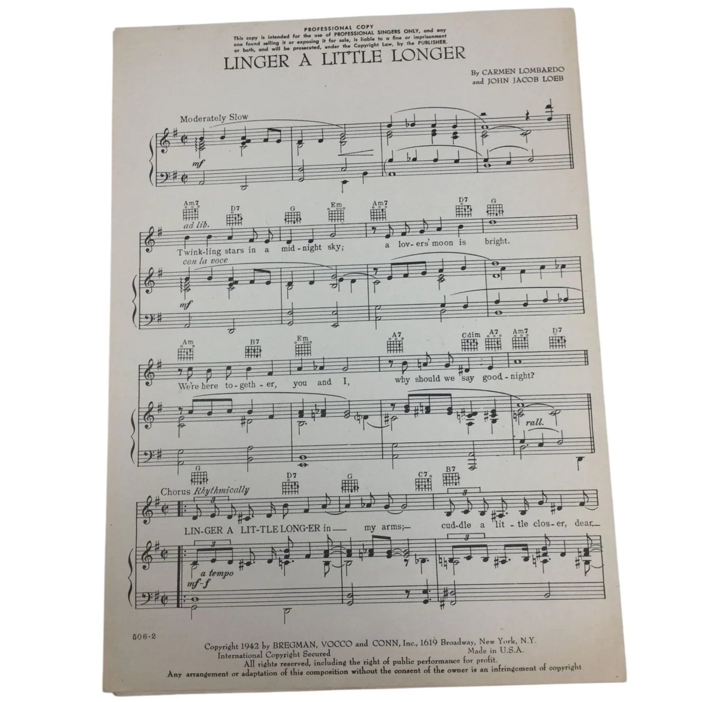 ''LINGER A LITTLE LONGER'' By Carmen Lombardo and John Jacob Loeb - A+ Stuff - SHEET MUSIC - A+ Stuff