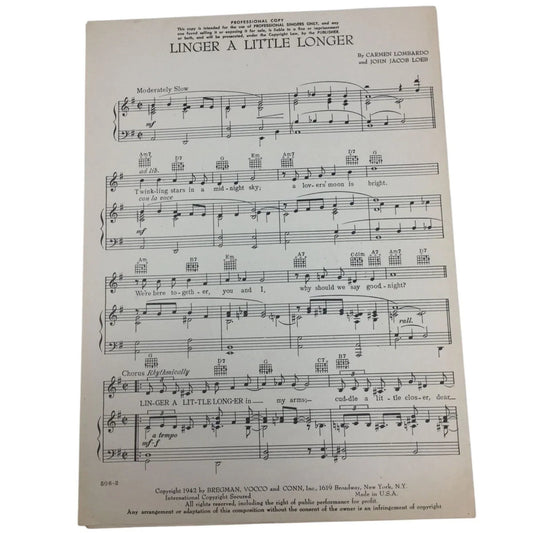 ''LINGER A LITTLE LONGER'' By Carmen Lombardo and John Jacob Loeb - A+ Stuff - SHEET MUSIC - A+ Stuff
